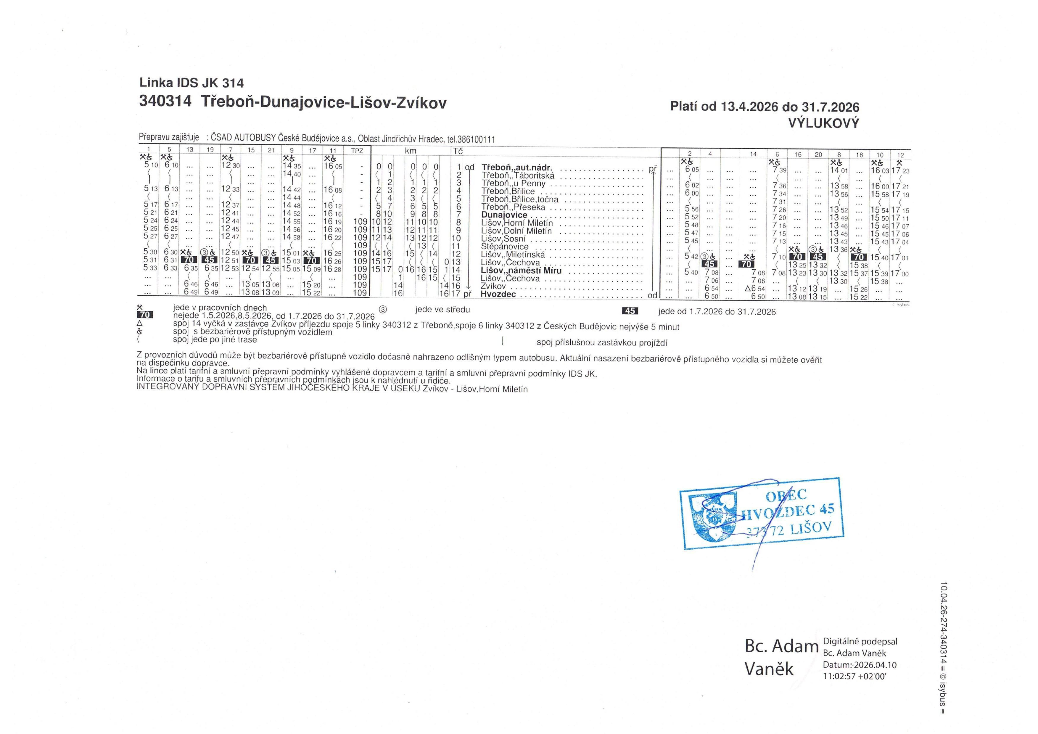 Oznámení o změně jízdního řádu linky 340314 (Třeboň – Dunajovice – Lišov – Zvíkov)