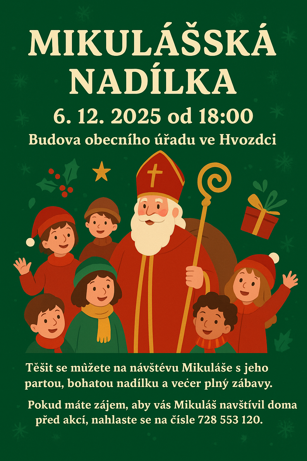 P O Z V Á N K A: Mikulášská nadílka ve Hvozdci v sobotu 6.12.2025 od 18:00 hodin v budově KD