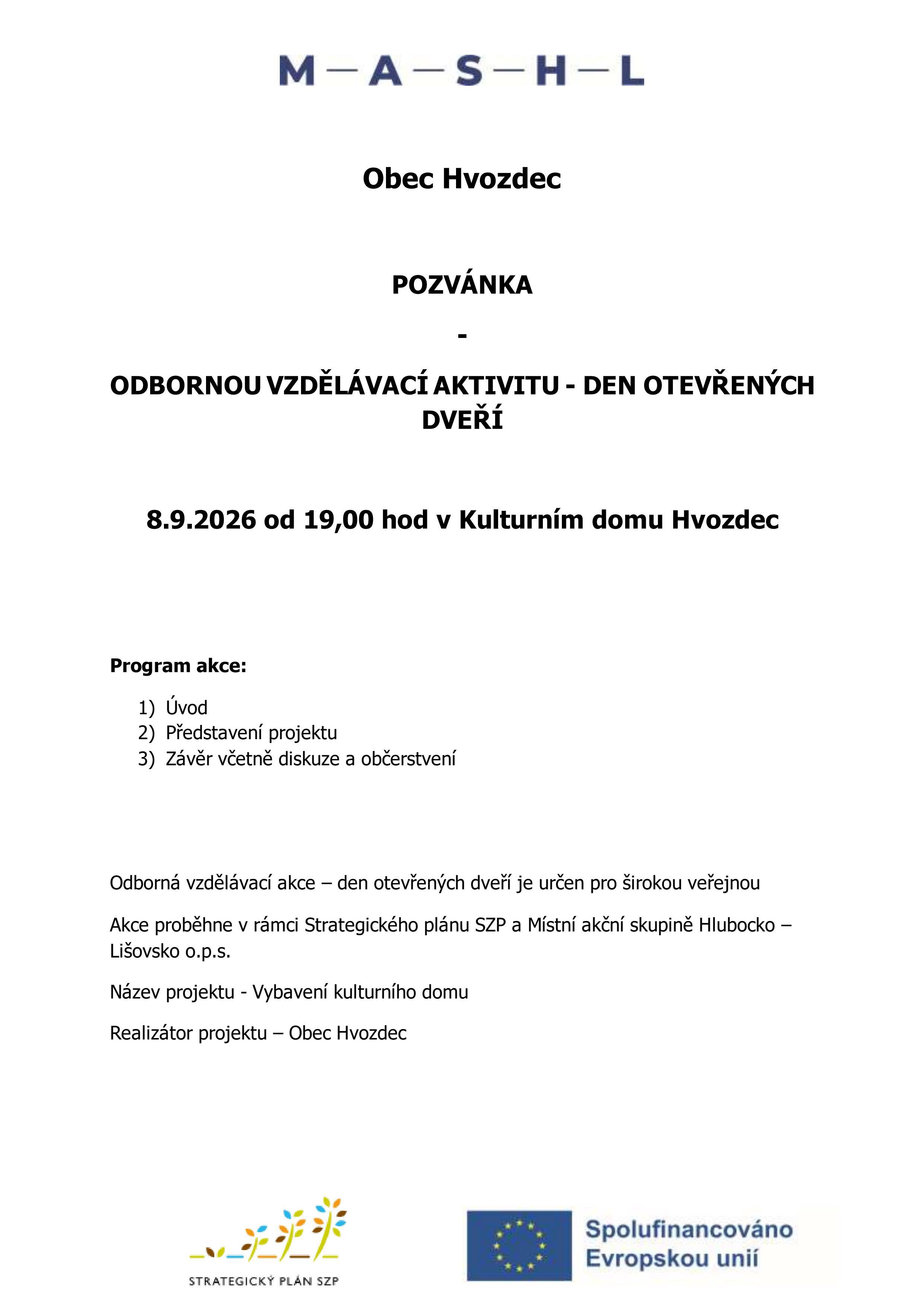 Obec Hvozdec  POZVÁNKA - ODBORNOU VZDĚLÁVACÍ AKTIVITU - DEN OTEVŘENÝCH DVEŘÍ  8.9.2026 od 19,00 hod v Kulturním domu Hvozdec 