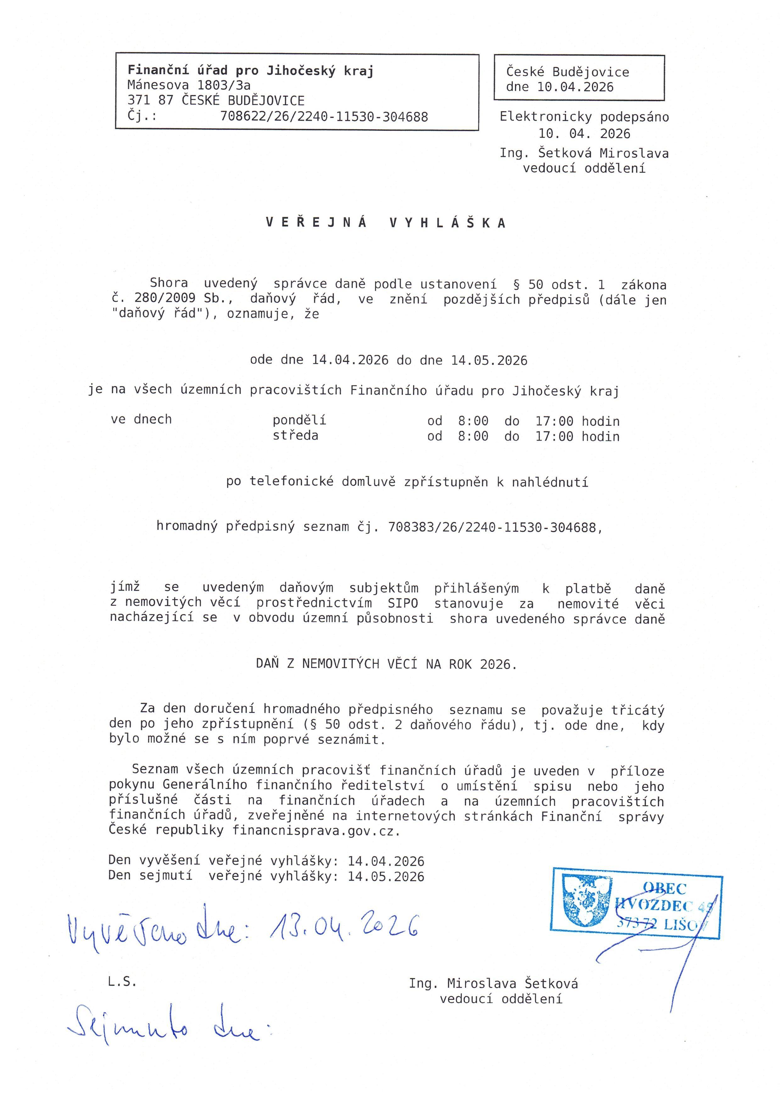 V E Ř E J N É       V Y H L Á Š K Y: DAŃ Z NEMOVITÝCH VĚCÍ NA ROK 2026
