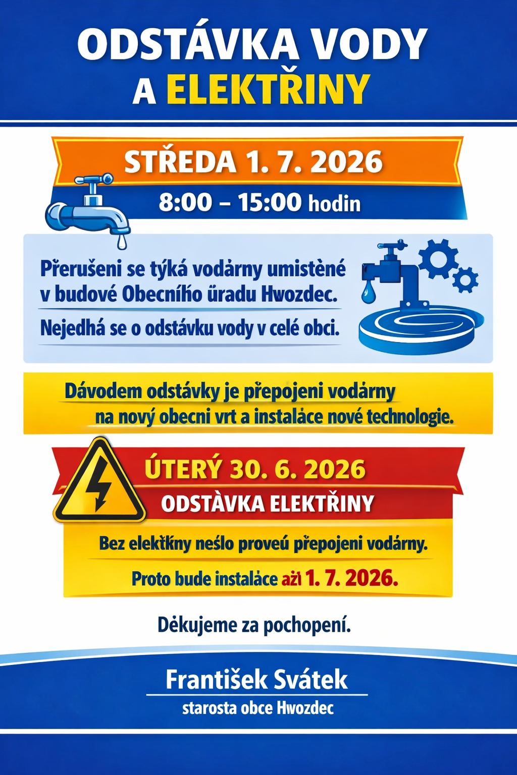 OZNÁMENÍ – Přerušení dodávky vody 